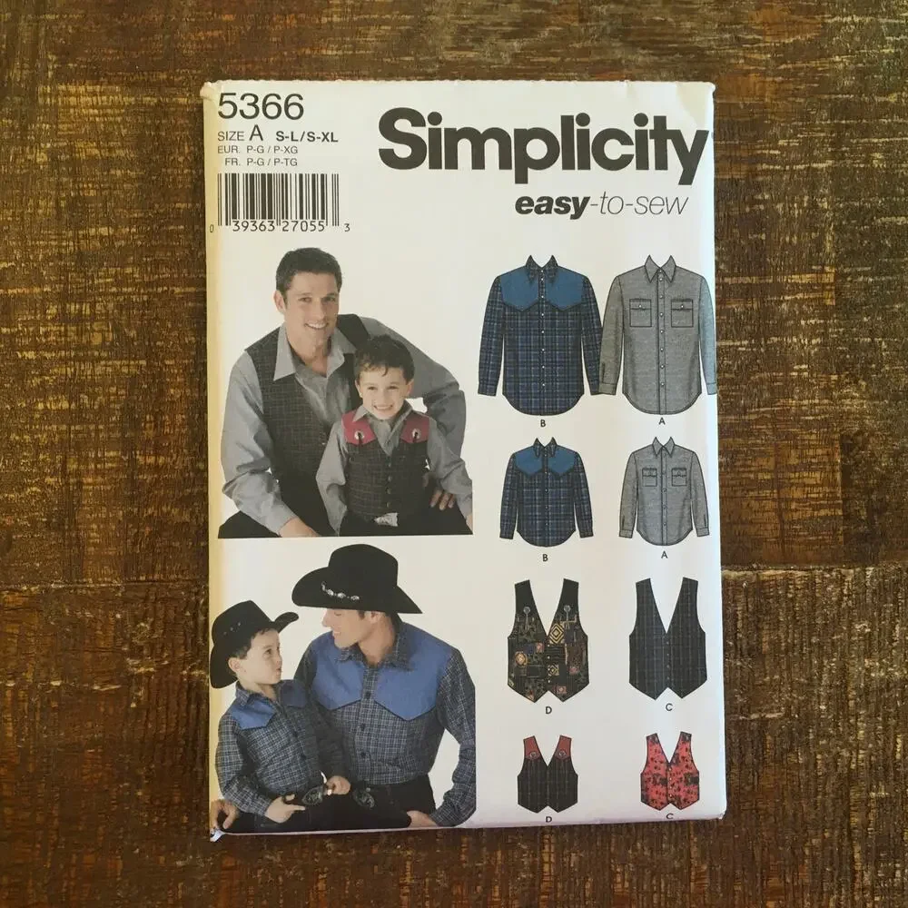 Simplicity Sewing Pattern 5366 Mens Boys Western Shirt Vest Rodeo Cowboy UNCUT